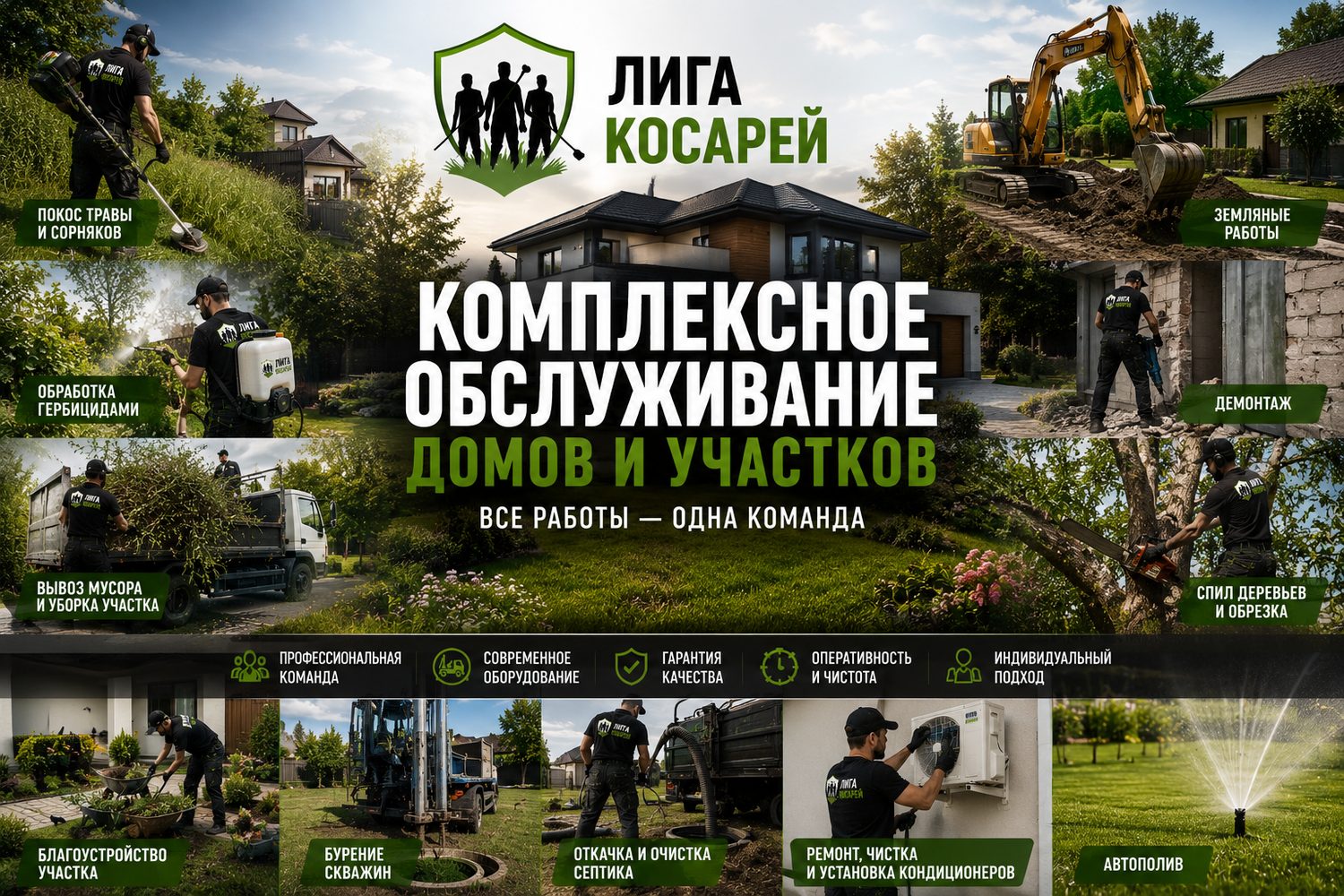 Лига косарей — комплексное обслуживание домов и участков: покос, деревья, земля, вода, стройка